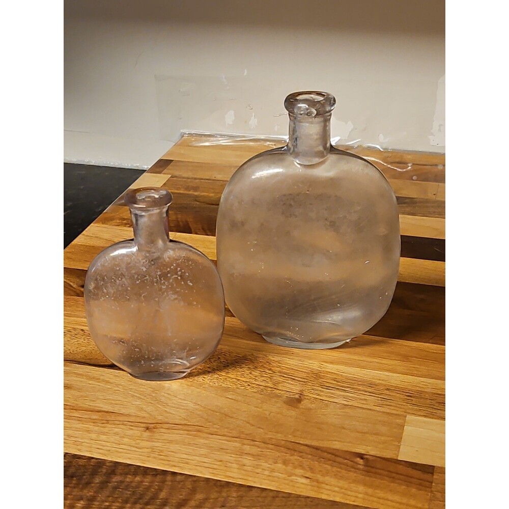 Set Of 2 Antique Blown Glass Pumpkin Seed Flasks 1 Pt & 1/2 Pt Purple Grey Tint